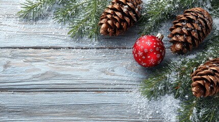 Christmas tree branch, pine cone and red ornament with snow on wooden background. Winter holiday concept for greeting card.