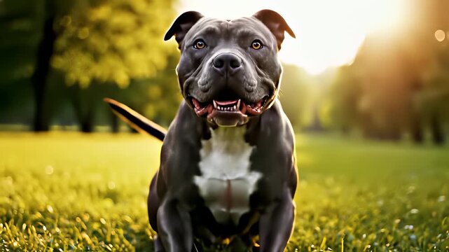 Four playful dogs enjoy the great outdoors in a scenic meadow scene, capturing the carefree spirit of companionship and outdoor exploration, perfect for promotional materials related to pet.