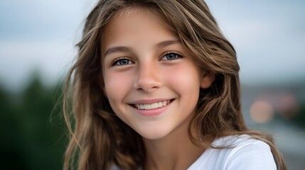 Fototapeta premium A young girl with a bright radiant smile and sparkling eyes captured outdoors with a soft blurred background