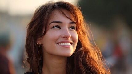 A young woman with a beautiful radiant smile illuminated by the warm glow of golden hour sunlight outdoors