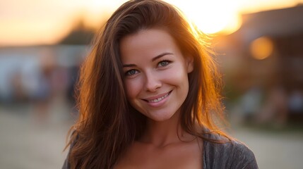 Obraz premium A radiant young woman with a warm smile enjoys the golden hour light during a tranquil sunset outdoors