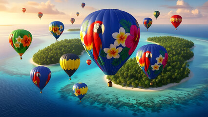 Obraz premium Colorful hot air balloons floating over a tropical island with vibrant blue ocean waters below