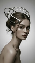 A striking portrait of a model featuring an avant-garde hairstyle adorned with metallic rings, showcasing elegance and artistic expression.