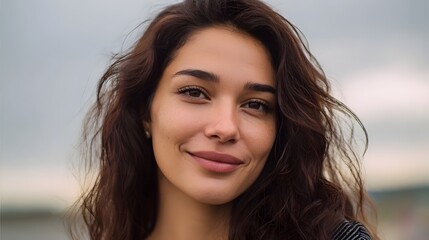 Fototapeta premium A beautiful young woman with a warm gentle smile and natural expression set against a soft cloudy sky outdoors