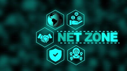 Net Zone Digital Concept with Global Icons and Text " NETZONE technology - Powered by Adobe