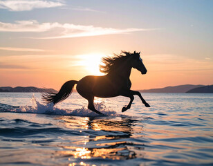 Horses galloping along the coast in the beautiful morning sun　朝日が美しい海岸を疾走する馬