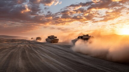 Fototapeta premium Military tanks driving through desert at sunset. Armored vehicle convoy moving in dust. Army training and combat operations concept.