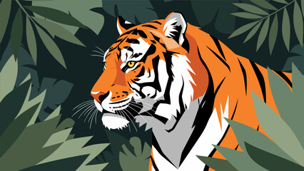 Majestic Tiger Portrait in Lush Green Jungle Foliage Illustration © PDWN Creative