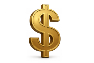 Golden dollar sign symbol representing money, finance, wealth, economy, investment, and business success on transparent background