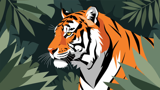 Majestic Tiger Portrait in Lush Green Jungle Foliage Illustration