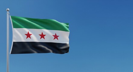 Naklejka premium Syrian flag waving proudly against a clear blue sky, symbolizing national pride and identity, perfect for news, travel, and historical content creation