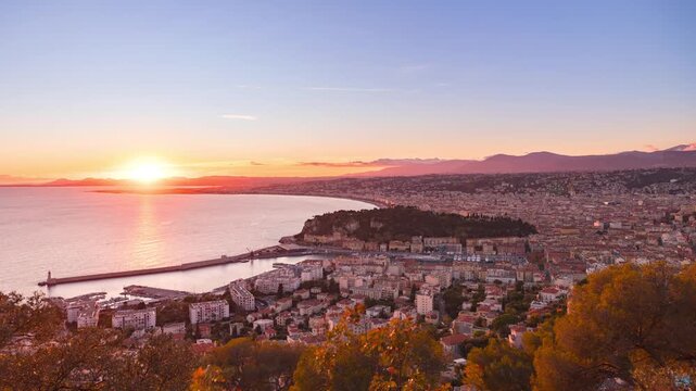 Sunset timelapse over Nice city in France, view from mont Boron