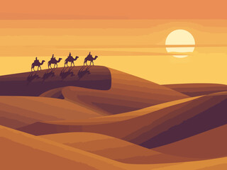 A caravan of camels traverses the vast desert dunes, set against a stunning sunset backdrop that highlights the majestic beauty of the sand and sky. © Zihang