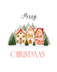 Merry christmas greeting card with cozy houses in winter wonderland scene.