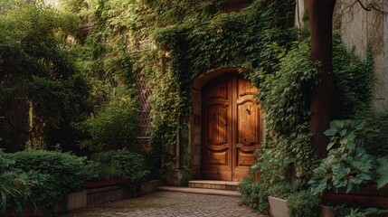 Ancient wooden door surrounded by lush green ivy and foliage in a hidden garden. Secret entrance or historical architecture concept.