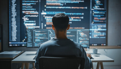 Focused programmer working at triple-monitor setup in dark tech workspace, back view.