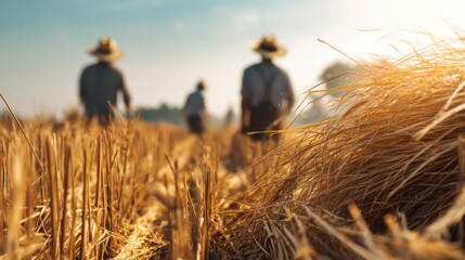 Farmers walking on a dry stubble field during harvest season at sunset. Agriculture, hard work and rural farm life concept.