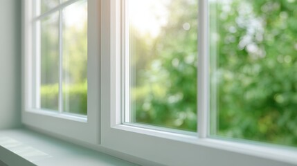 White window frame looking out to vibrant green outdoor nature. Bright sunlight streaming through the glass. Home comfort and clear view concept.