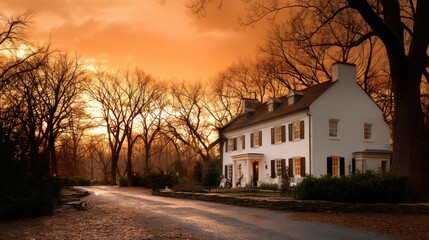 Colonial white house with bare trees at golden sunset. Beautiful historic property at dusk. Serene autumn or winter landscape for real estate.
