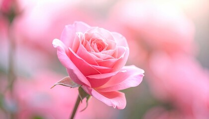 Close Up Of A Delicate Pink Rose With Soft Petals And Dew Drops Illuminated By Gentle Sunlight In A Garden