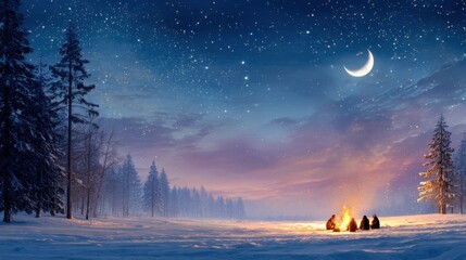 Naklejka premium People sitting around a campfire on a snowy winter night under a starry sky with a crescent moon. Cozy outdoor gathering for holiday.