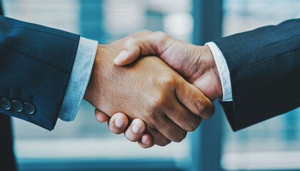 Close-up handshake of two professionals agreeing on a business deal in a modern office.