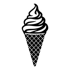Simple black and white vector icon of a classic soft-serve ice cream in a waffle cone. Perfect for menus, logos, summer promotions, and sweet treats marketing. Files available in high-quality PNG, JPG