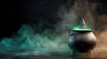 Witchs cauldron with green smoke and hat. Dark magic and potion concept. Halloween celebration and mystery background.