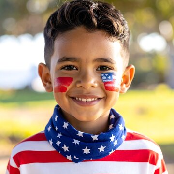A close-up shot of a young boy smiling broadly, face painted with patriotic symbols. His neck is adorned with a starred blue scarf