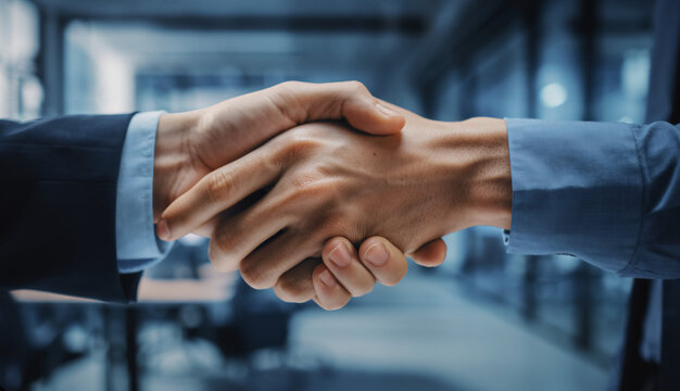 Professional handshake between colleagues finalizing a business agreement in a corporate setting. - Powered by Adobe