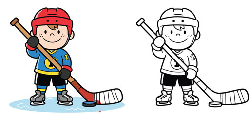 Cute cartoon boy playing ice hockey vector illustration Happy child athlete with stick and puck