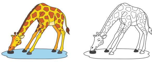 Cute cartoon giraffe playing ice hockey pushing puck with nose vector illustration with black and white outline for coloring book © AbuNazam
