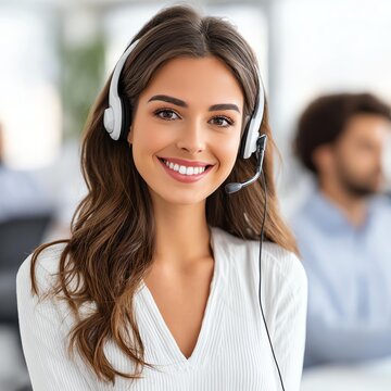 Customer Support Excellence: A radiant, smiling woman with a headset embodies warmth and professionalism, ready to assist and connect with clients, representing optimal customer service.