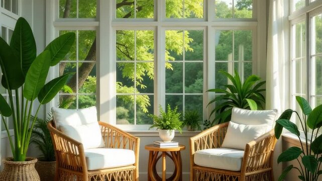 Video A cozy sunroom with wicker chairs and a table, perfect for relaxation or reading