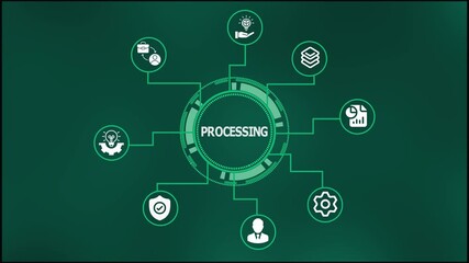 Digital data processing visualization with computational workflow icons, system logic execution, analytics flow, and futuristic technology interface. - Powered by Adobe