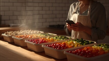 Steaming Meal Prep Trays with Vegetables and Phone in Cozy Kitchen