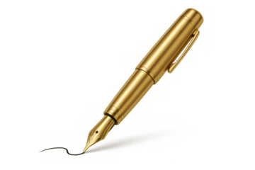 Gold fountain pen writing a signature on a transparent background, depicting luxury, business, and education concepts