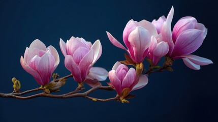 A branch with pink flowers on it. The flowers are in full bloom and are arranged in a row. The image has a serene and peaceful mood, as the flowers are delicate and beautiful