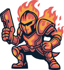 Flaming Knight Cartoon Character with Sword Ready for Battle in Fiery Armor on Transparent Background Vector Illustration