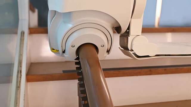 A close-up of the stair lift mechanism inside the dental clinic, showing the rail system and footrest