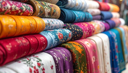 Row of colorful patterned scarves looped side by side against dark background showcasing textile diversity