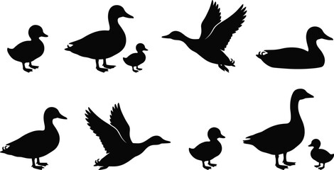 North American Wildlife Silhouettes Vector Set, Forest Animals Including Wolf, Deer, and Bear