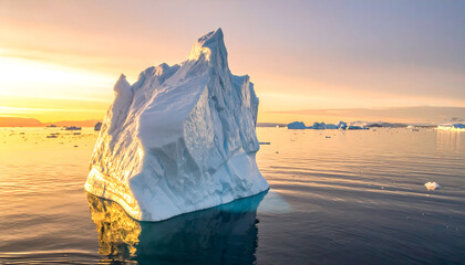Isolated iceberg floating in calm sea during sunset
