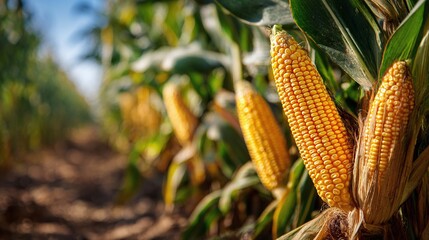A vibrant cornfield stretches under the sunlight, showcasing rows of ripe ears ready for harvest. The golden hues of the corn evoke a sense of agricultural abundance.