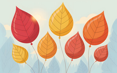 Autumn leaf balloons floating against a pale sky fall