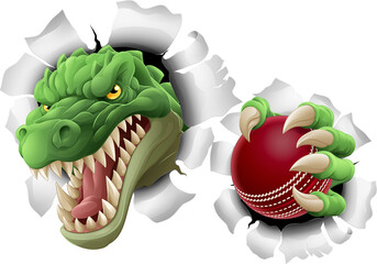 A crocodile, dinosaur or alligator lizard sports mascot holding a cricket ball © Christos Georghiou