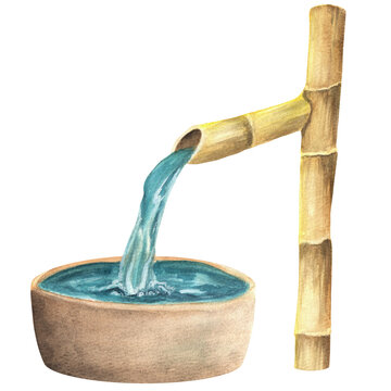 watercolor bamboo fountain with flowing water clip art preview