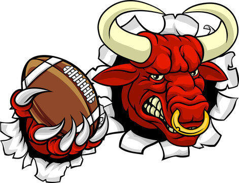 A bull or Minotaur monster longhorn cow angry mean American football mascot cartoon character. 