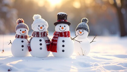 Obraz premium Four snowmen with hats and scarves standing in snowy landscape at sunrise with long shadows and festive charm