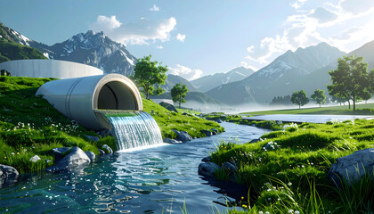 Mountain stream flowing through lush landscape with clear blue sky